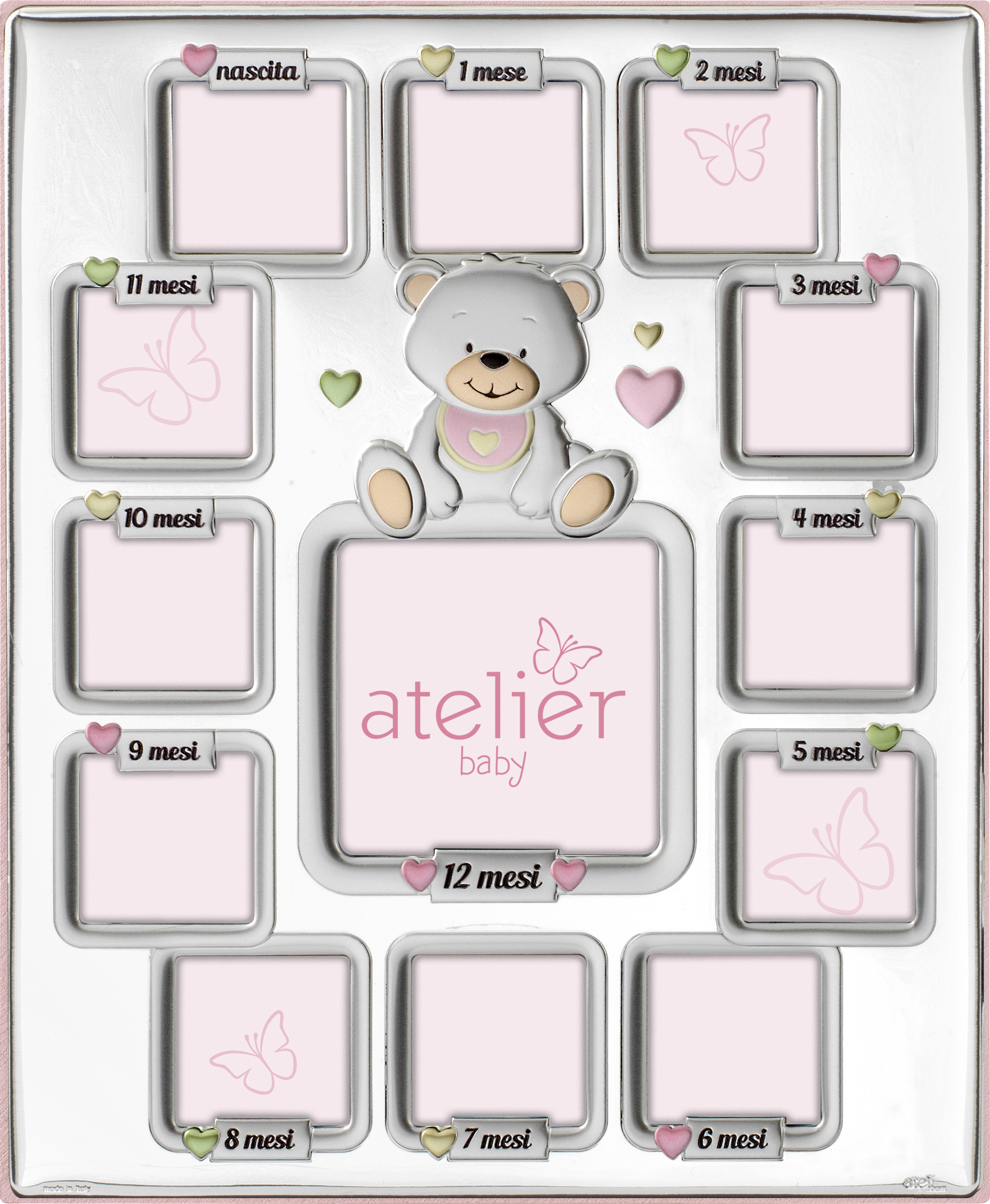 Ramă foto din argint Cadou Bebe Primul Anișor – 12 Luni Ursulet Roz 23 × 29 cm