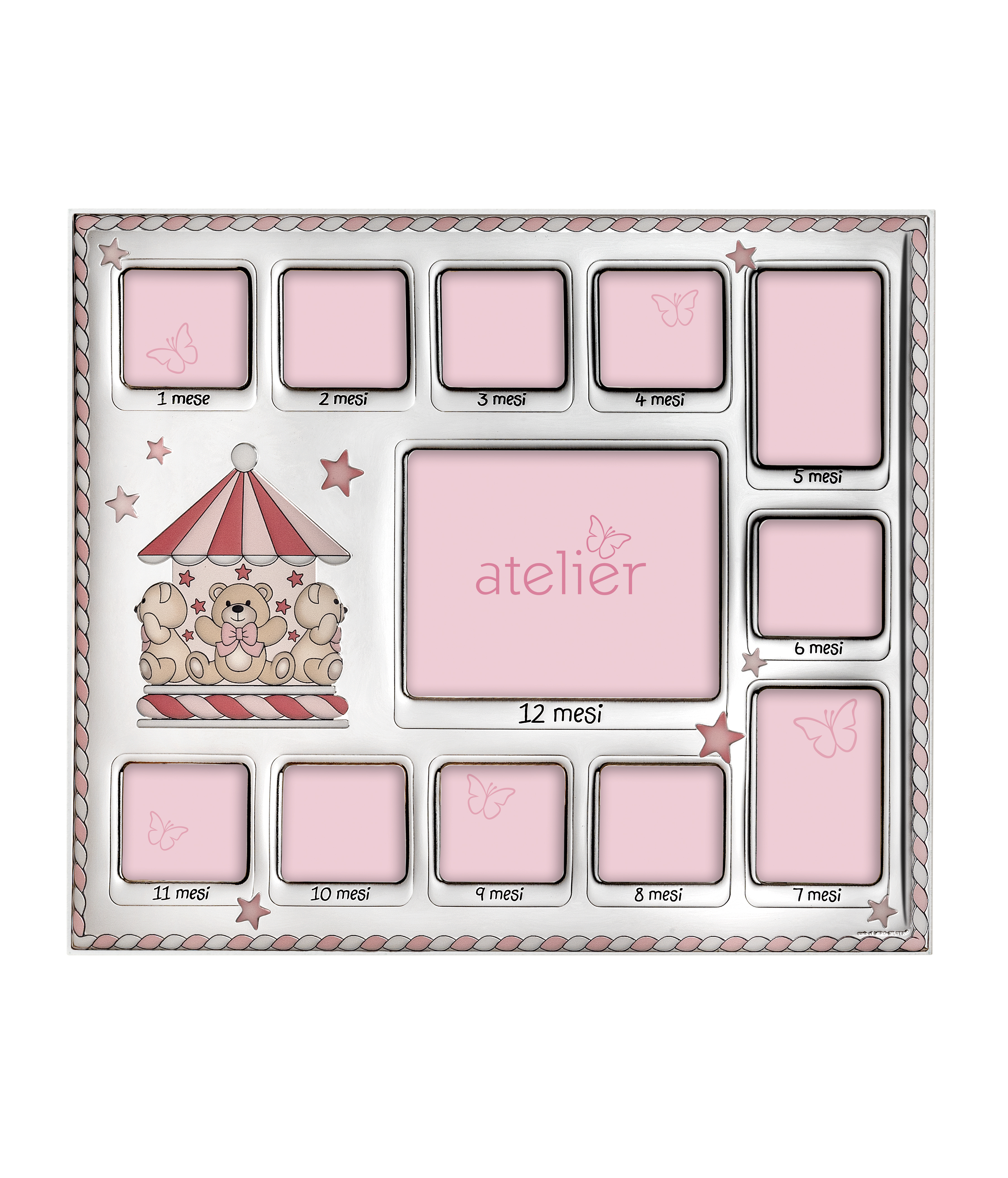 Ramă foto din argint Bebe Primul Anișor Carusel 12 Luni Roz 23 × 29 cm