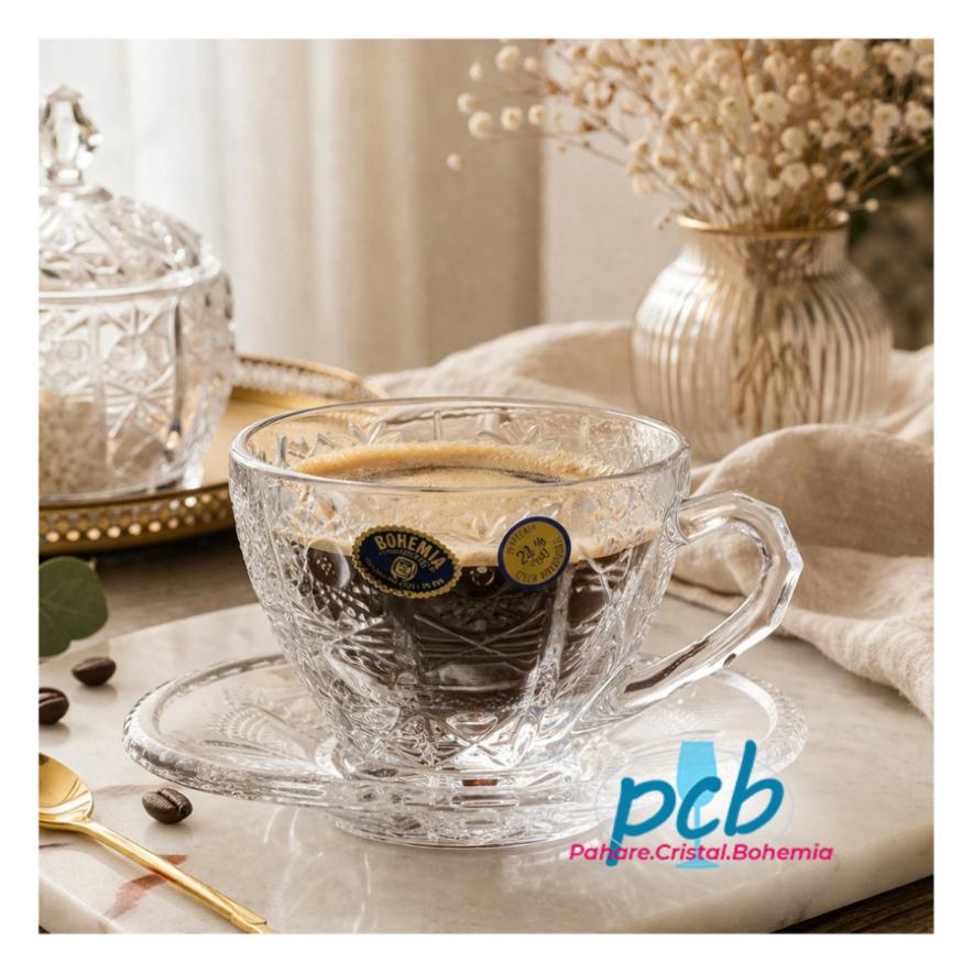 Set 6 cesti cristal cafea cu farfuriuță, 200 ml