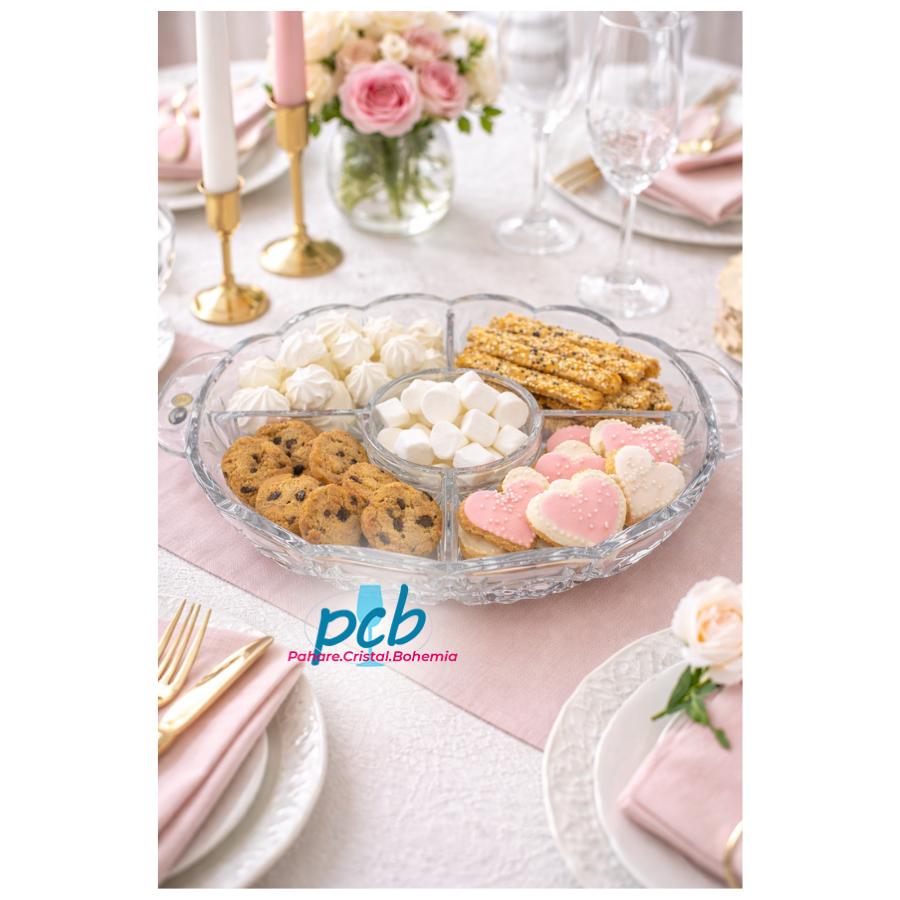 Platou din cristal Bohemia compartimentat oval, 40,5 cm