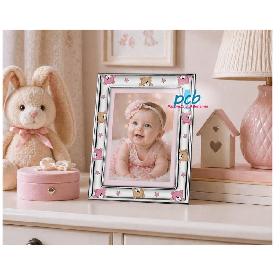 Ramă foto din argint "Bebe" 13 × 18 cm – Ursuleți Roz Noapte Buna