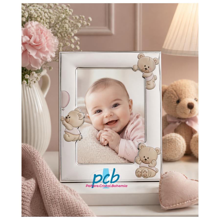 Ramă foto din argint "Bebe" 13 × 18 cm – Ursuleți Maro Balon Roz