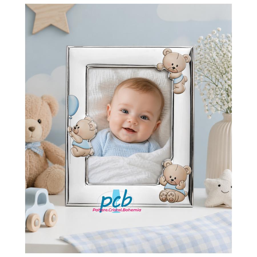 Ramă foto din argint "Bebe" 13 × 18 cm – Ursuleți Maro Balon Albastru