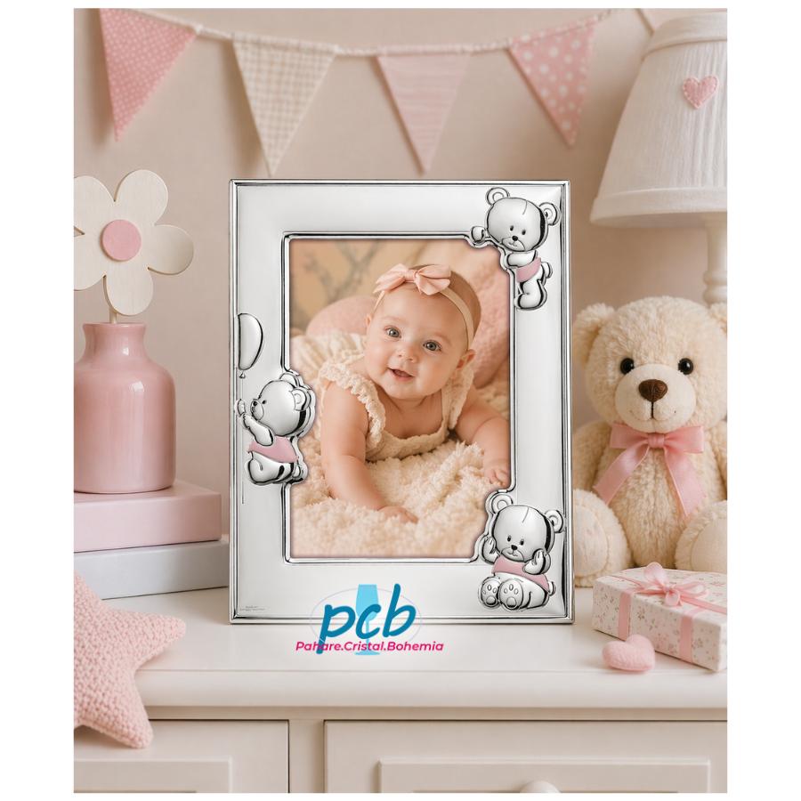 Ramă foto din argint "Bebe" 13 × 18 cm – Ursuleți Balon Roz