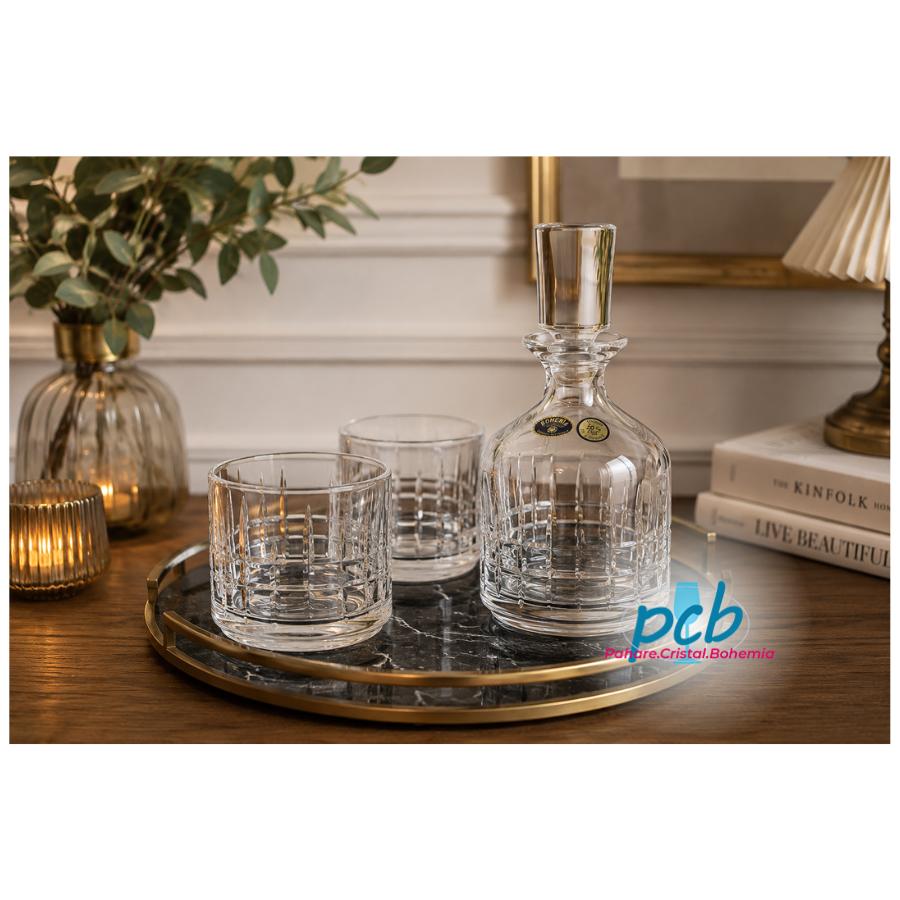 LONDON – Set whisky din cristal Bohemia, 3 piese (2 pahare + decantor)